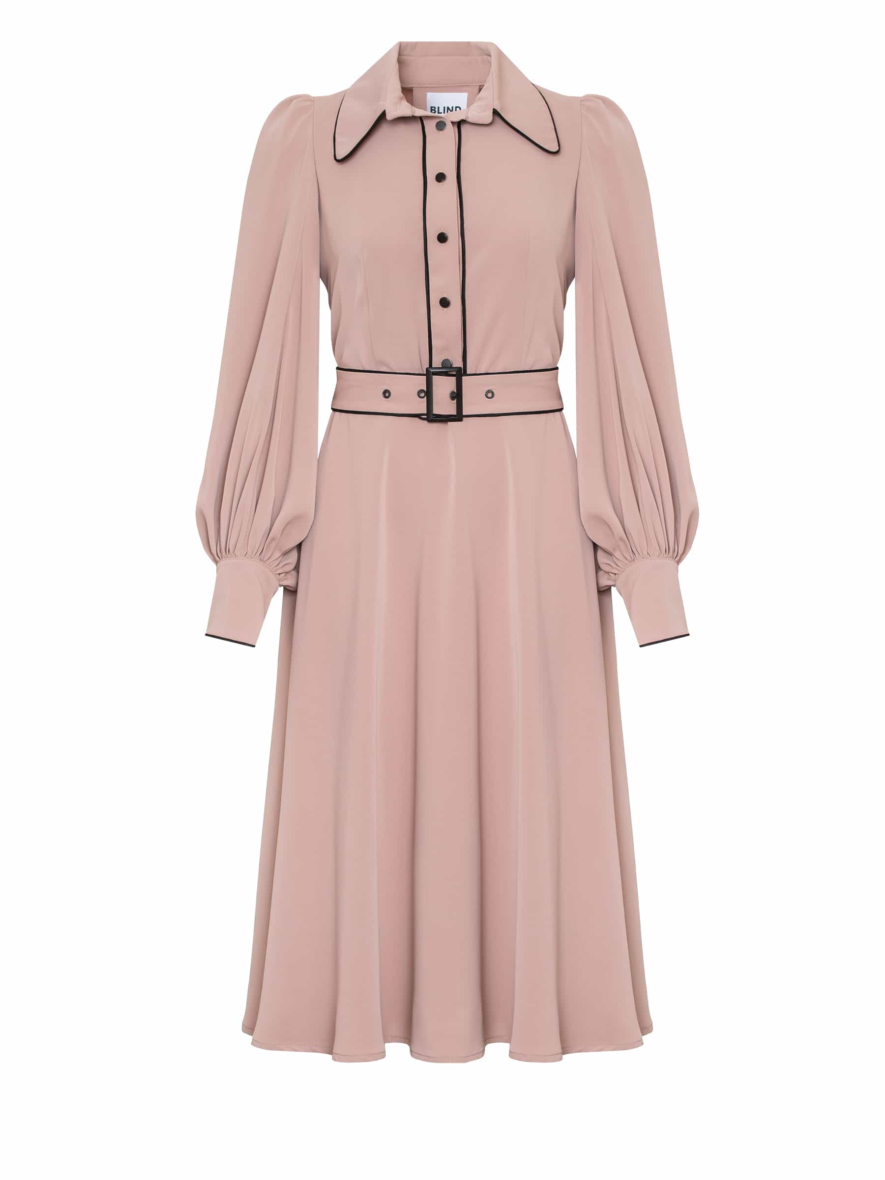 Beige dress trimmed with black silk edging with a belt on a black metal buckle